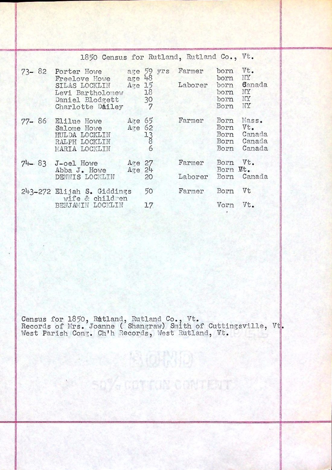 Rutland 1850 Census West Rutland